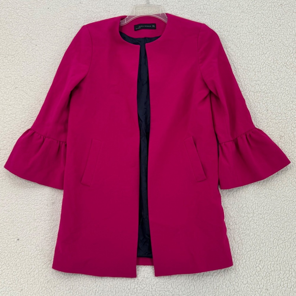 Zara Open Front Coat Jacket Woman Size S Fuchsia Pink Ruffle Bell Sleeve Lined